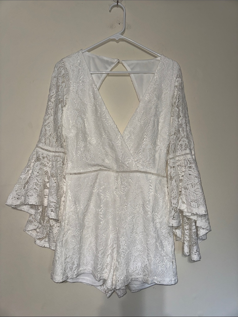White Lace V‑Neck Romper with Bell Sleeves and Open Back